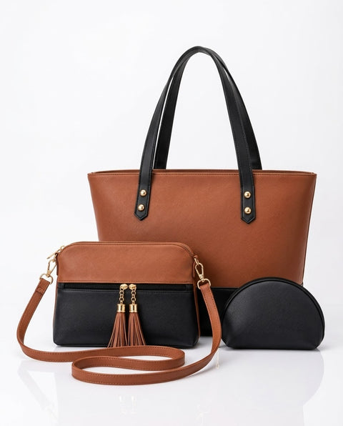 Grace 3 Pcs Brown and Black Handbag Set for Women