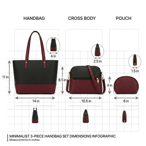 dimensions of black and maroon 3 pieces handbag set on a white background